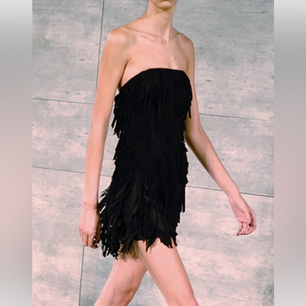 Mathieu Milano designer navy fringe suede strapless dress